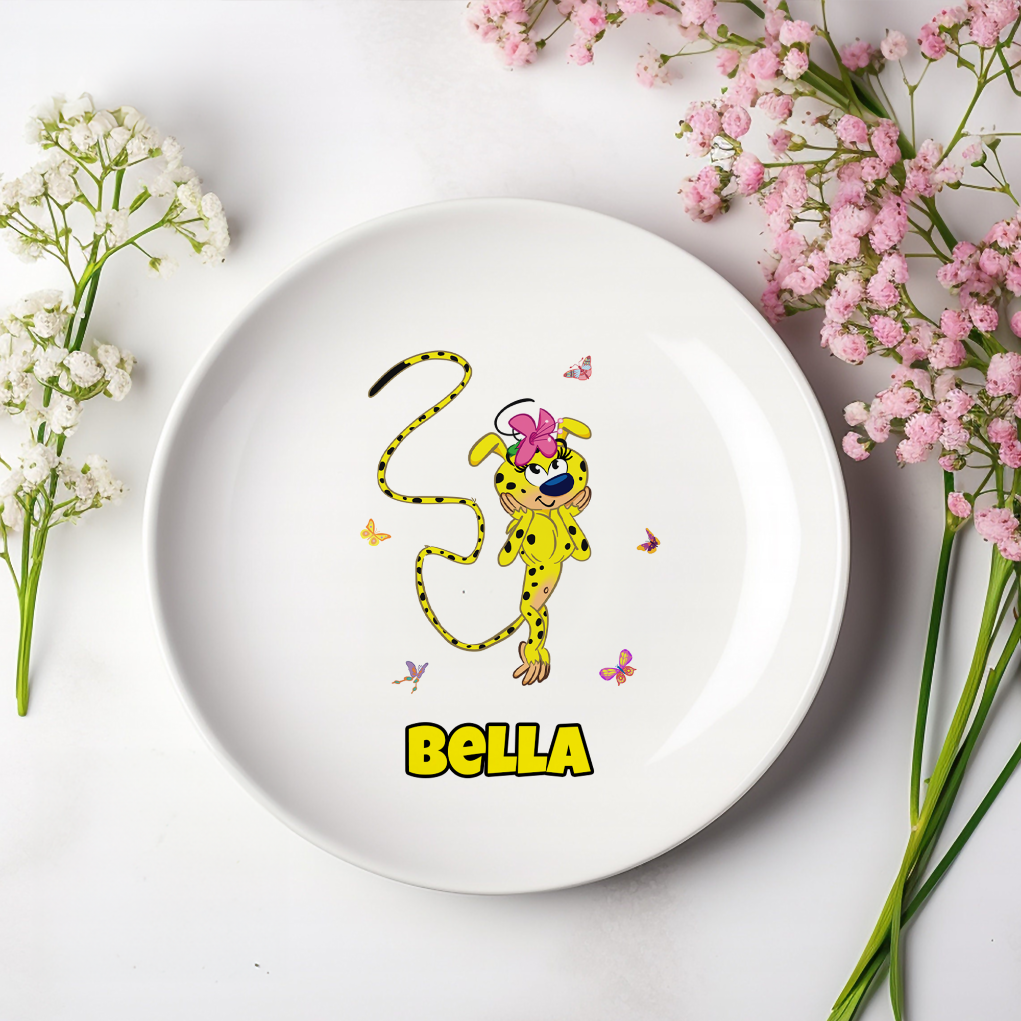 Marsupilami el Leopardo de Cola Larga Plato de Cerámica Personalizado con Nombre Regalo de Cumpleaños para Hermanas Amigas | Callie × Marsupilami