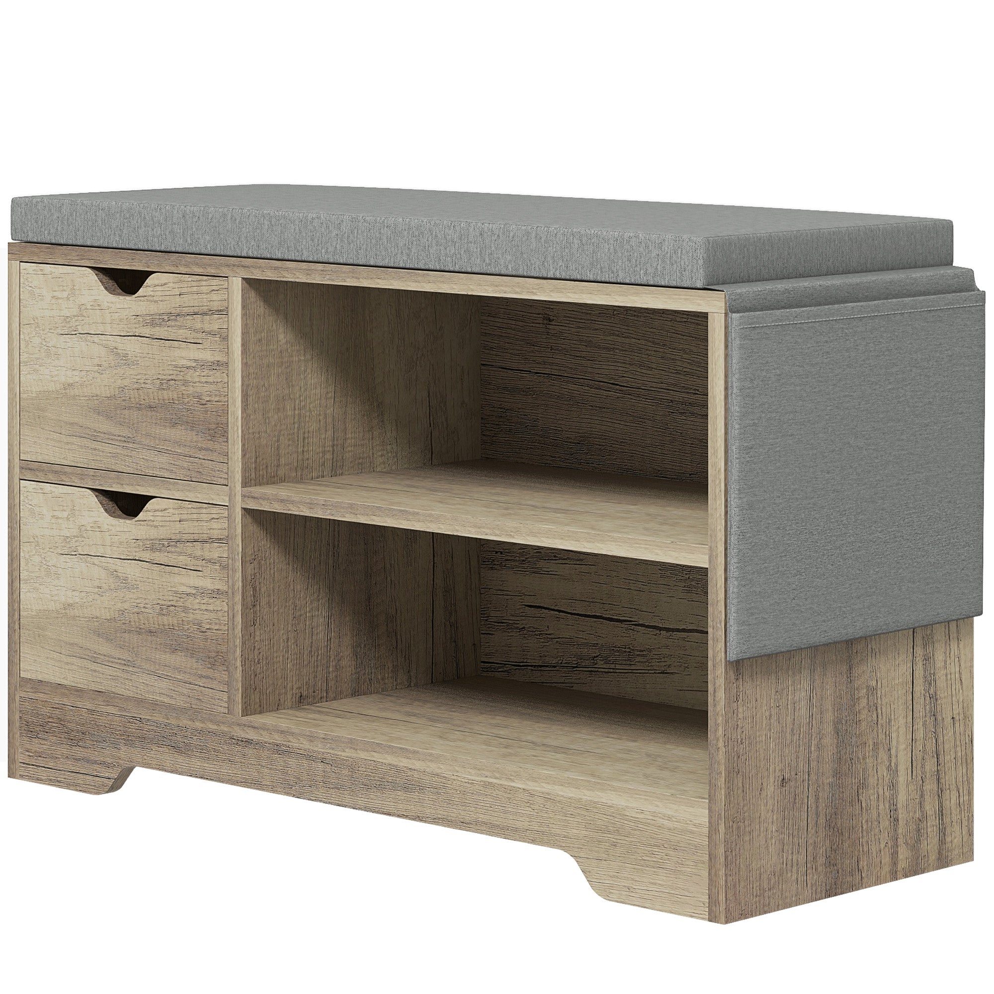 Shoe Bench with Storage, Entryway Bench w/Open Shelves, Drawers & Pocket, Grey