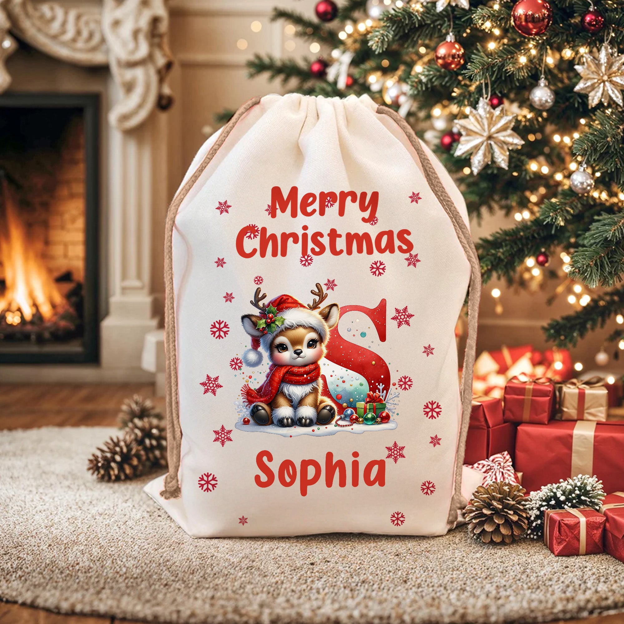 Personalizado Feliz Navidad Lindo sombrero de Santa Reno Inicial de lona bolsa de regalo de cordón con el nombre de regalo de Navidad para Niños Familia Amigos