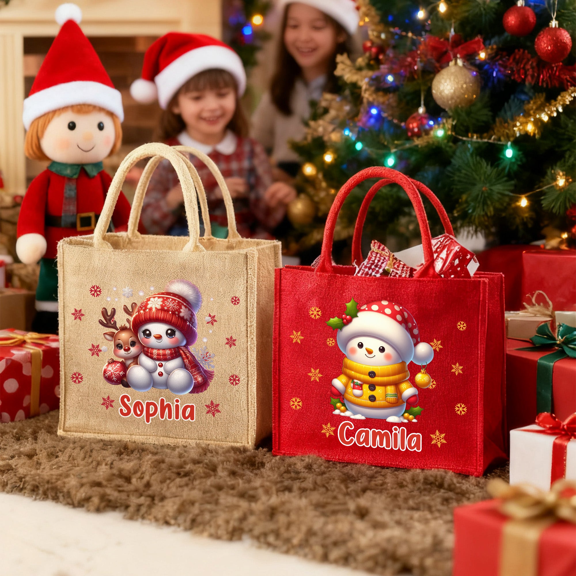 Personalizada Copo de Nieve Lindo Muñeco de Nieve Bolsa de Yute Grande con Nombre Fiesta de Navidad Regalo para Niños Familia