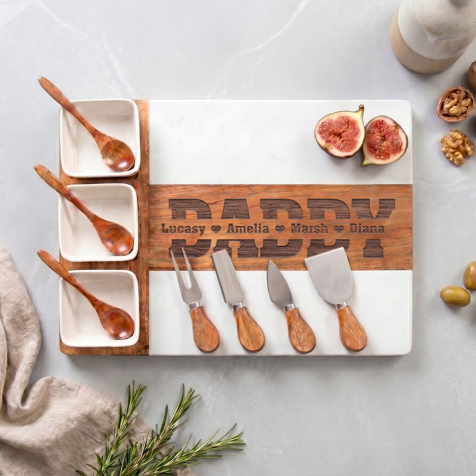 Título grabado personalizado 1-4 Nombres Acacia Mármol 11 Pcs Tabla de Cortar Posavasos Set con Tazón y Cuchara Día del Padre Housewarming Regalo para Papá