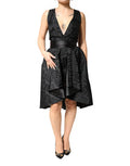 Women's Black Jacquard Deep V-Neck Sleeveless 2 Pc Dress Viscose Elastane