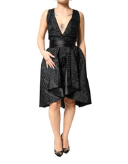 Women's Black Jacquard Deep V-Neck Sleeveless 2 Pc Dress Viscose Elastane