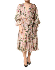 Women's Pink Lily Print A-Line Pleated Maxi Dress