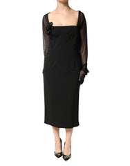 Women's Black Sheer Yoke Rosette Sheath Midi Dress 04+pa+vi
