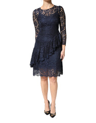 Women's Blue Lace Ruffle A-Line Knee Length Dress Co+ny+ry