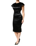 Women's Black Satin Sheath Midi Cap Sleeves Dress 65+06+pa