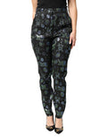 Women's Floral Metallic Jacquard Trousers Black Polyester Metallized Fiber