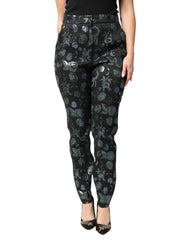 Women's Floral Metallic Jacquard Trousers Black Polyester Metallized Fiber
