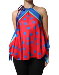 Women's Multicolor Polka Dot Tie Halter Blouse Top Silk