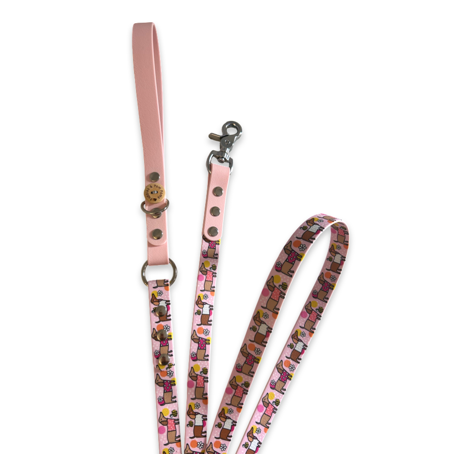 Handmade Vegan Leather Dog Leash - Bee Happy Dachshunds - Pink