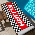 Toalla de playa de gran tamaño y secado rápido con bandera de carreras a cuadros personalizada con nombre Regalo de cumpleaños para los amantes de los deportes de motor el día del partido de vacacione