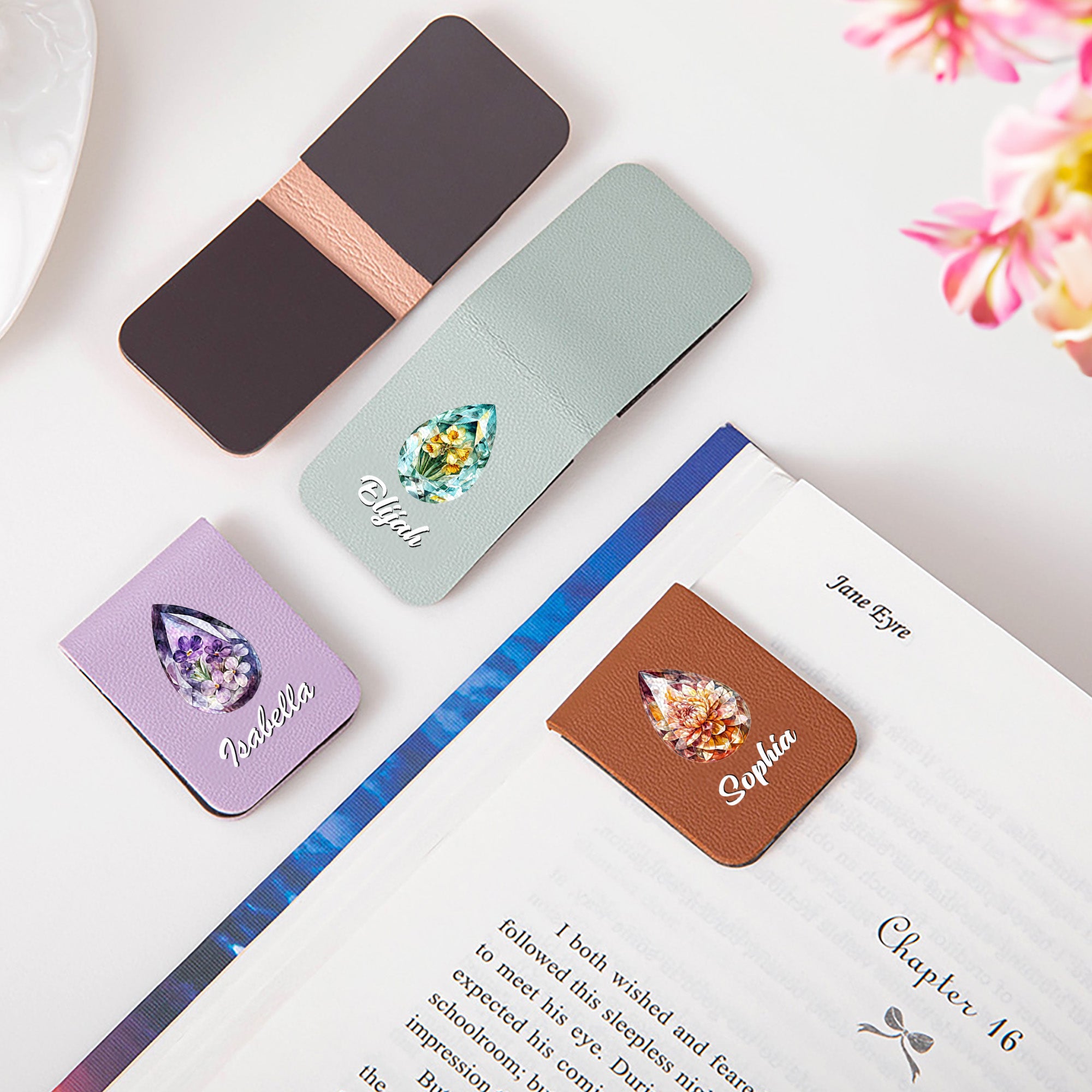 Personalizado Birthstone Birth Flower PU Leather Magnetic Bookmark Clip with Name Reading Accessory Birthday Gift for Book Lover Friends