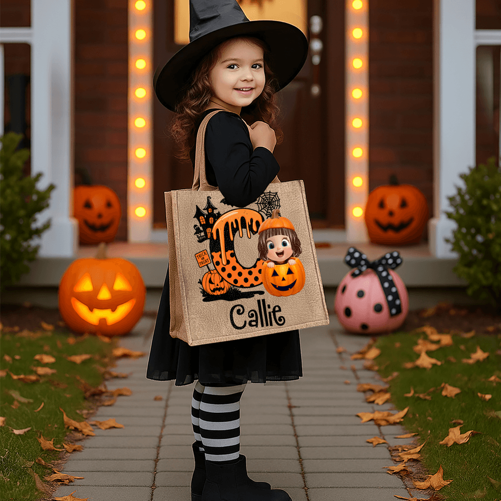 Personaje de dibujos animados calabaza personalizada Bolsa de yute con la inicial y el nombre Trick or Treat Fiesta de Halloween Regalo para niños Niñas