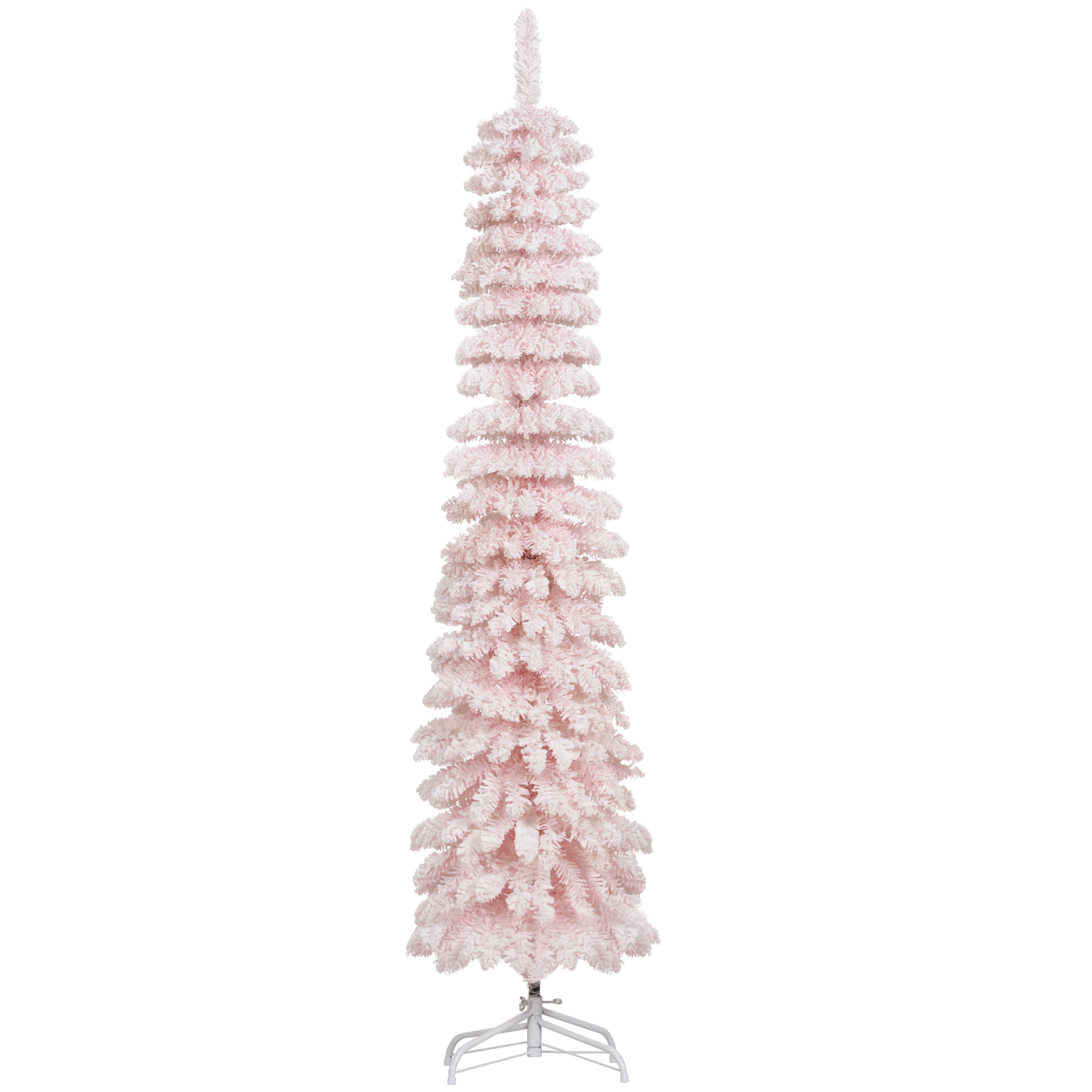 6ft Snow-Flocked Artificial Christmas Tree, Slim Pencil Xmas Tree with Metal Base, Pink