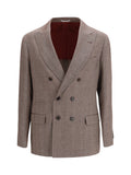 Brunello Cucinelli Double-Breasted Linen-Wool Blazer — Brown