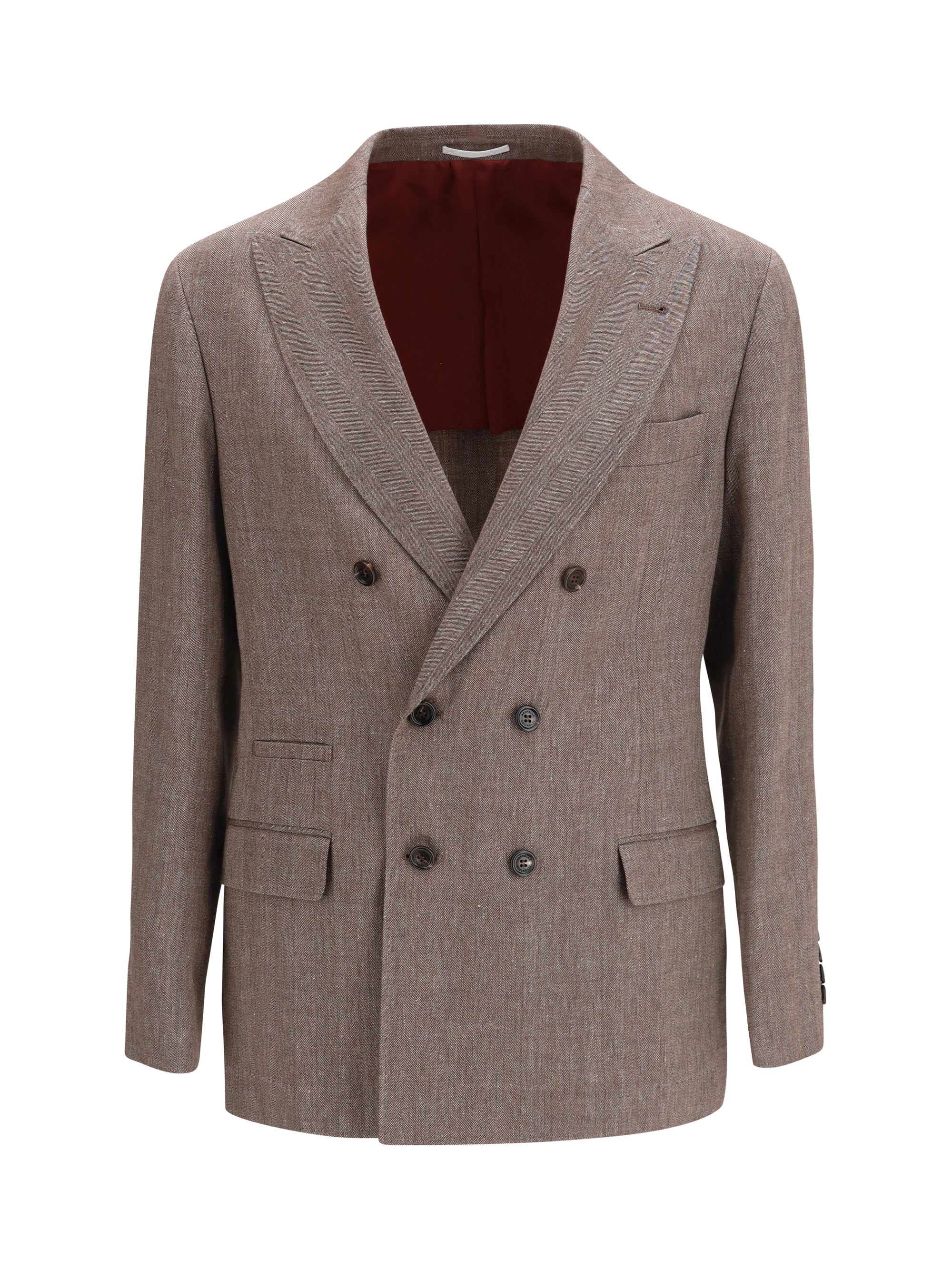 Brunello Cucinelli Double-Breasted Linen-Wool Blazer — Brown