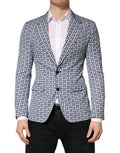 Men's Blue Cotton Patterned Single Breasted Blazer Virgin Wool Clothing