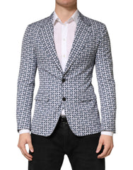 Men's Blue Cotton Patterned Single Breasted Blazer Virgin Wool Clothing