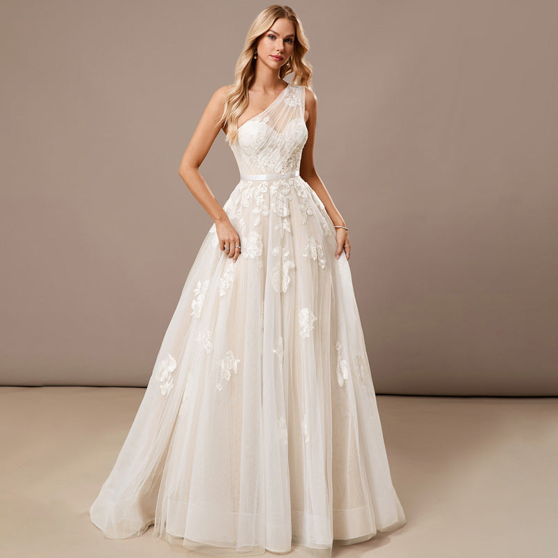 Bridal Wedding Dress Ivory-Champagne Sleeveless Long One Shoulder Ball-Gown Princess Lace