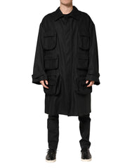 Men's Black Pockets Collared Trench Coat Jacket Linen Clothing