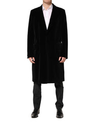 Men's Black Cotton Velvet Long Trench Coat Jacket Clothing