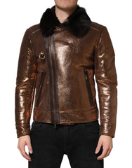 Bronze Leather Fur Full Zip Men Biker Jacket Clothing