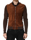 Men's Brown Velvet Calfskin Full Zip Biker Jacket Cotton Clothing