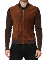 Men's Brown Velvet Calfskin Full Zip Biker Jacket Cotton Clothing