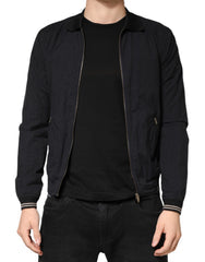 Dark Blue Cotton Full Zip Bomber Men Jacket Nylon Acrylic Elastane Clothing