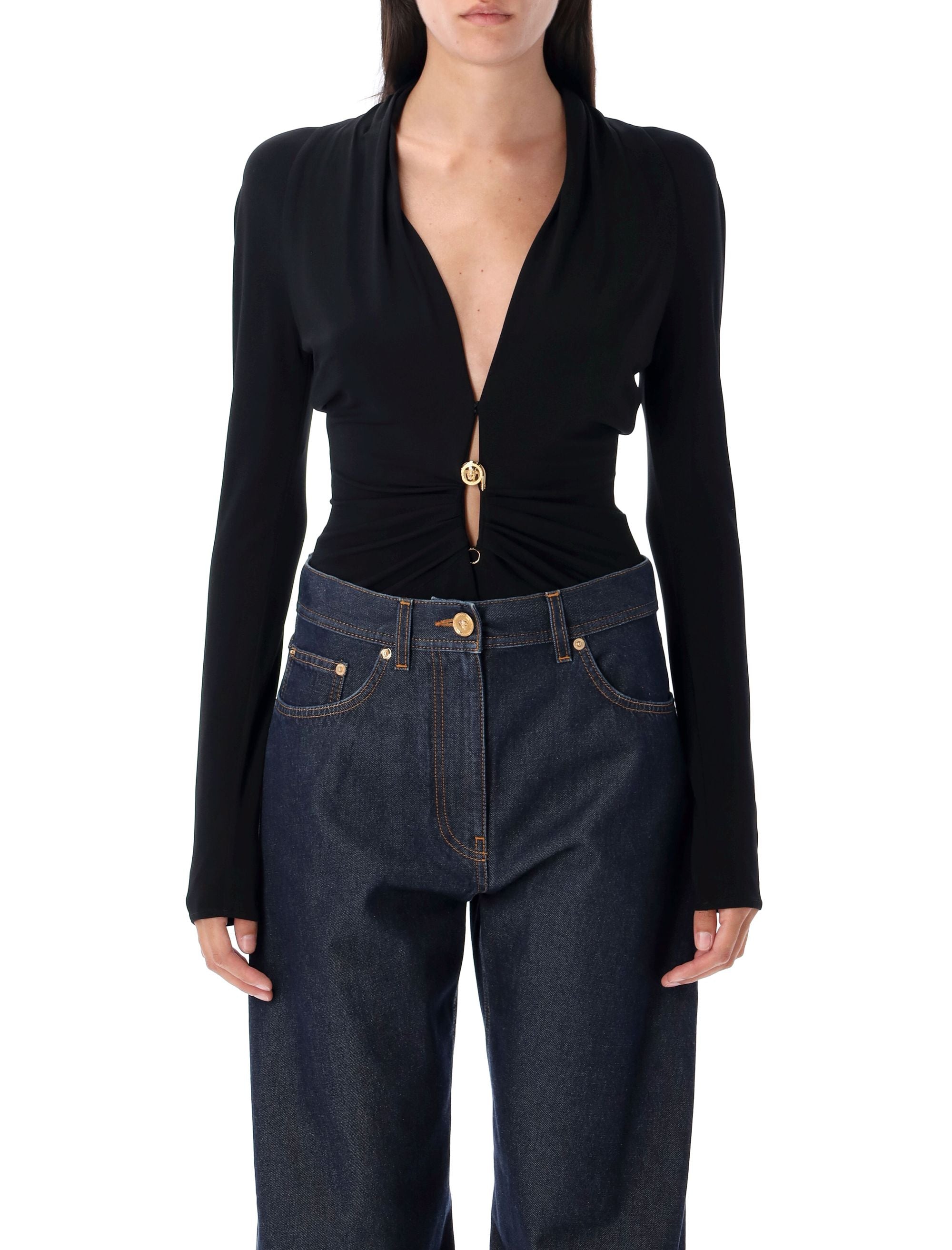 Safety Pin draped bodysuit Black Viscose