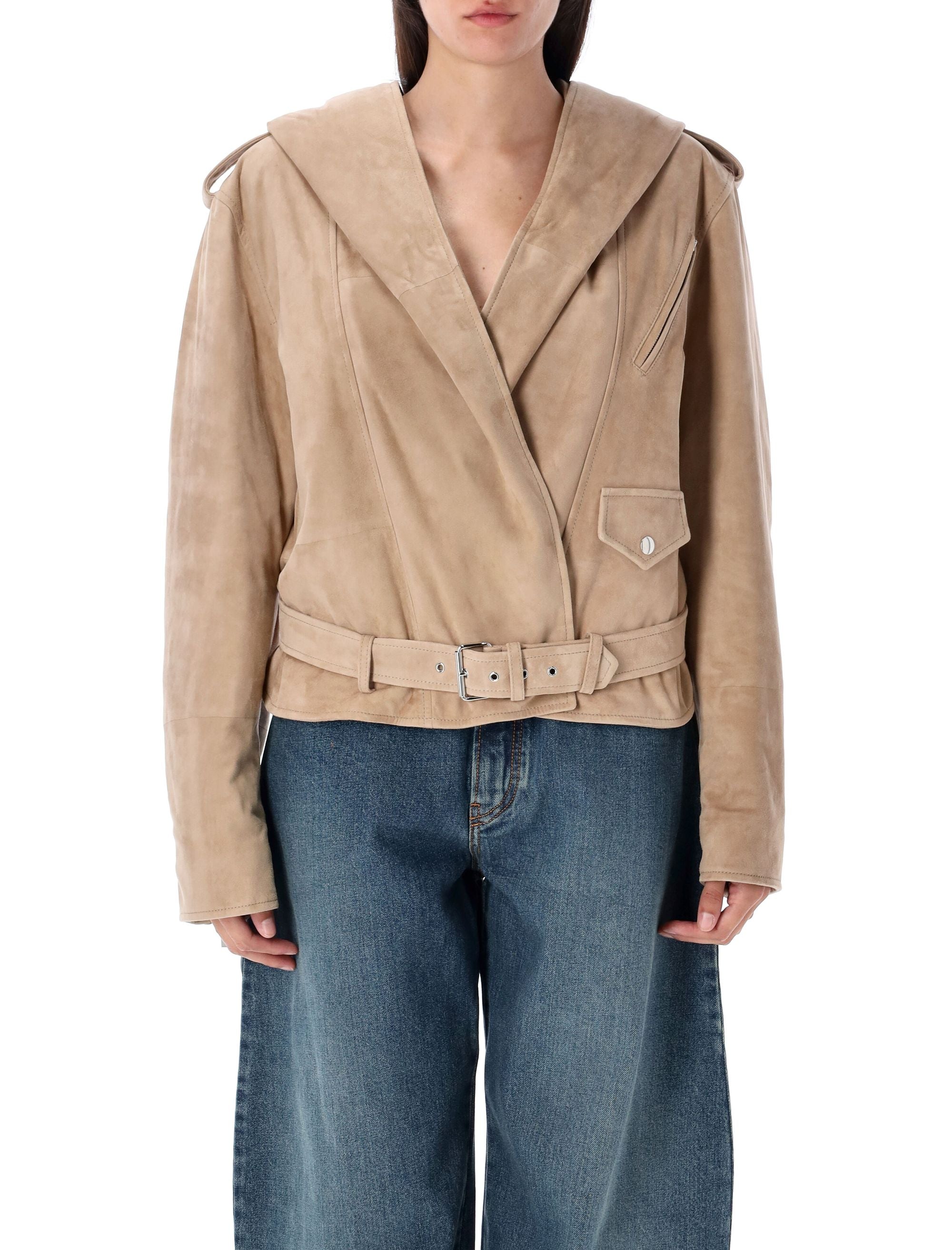 Suede hooded biker jacket Beige Clair Goat Leather Lining