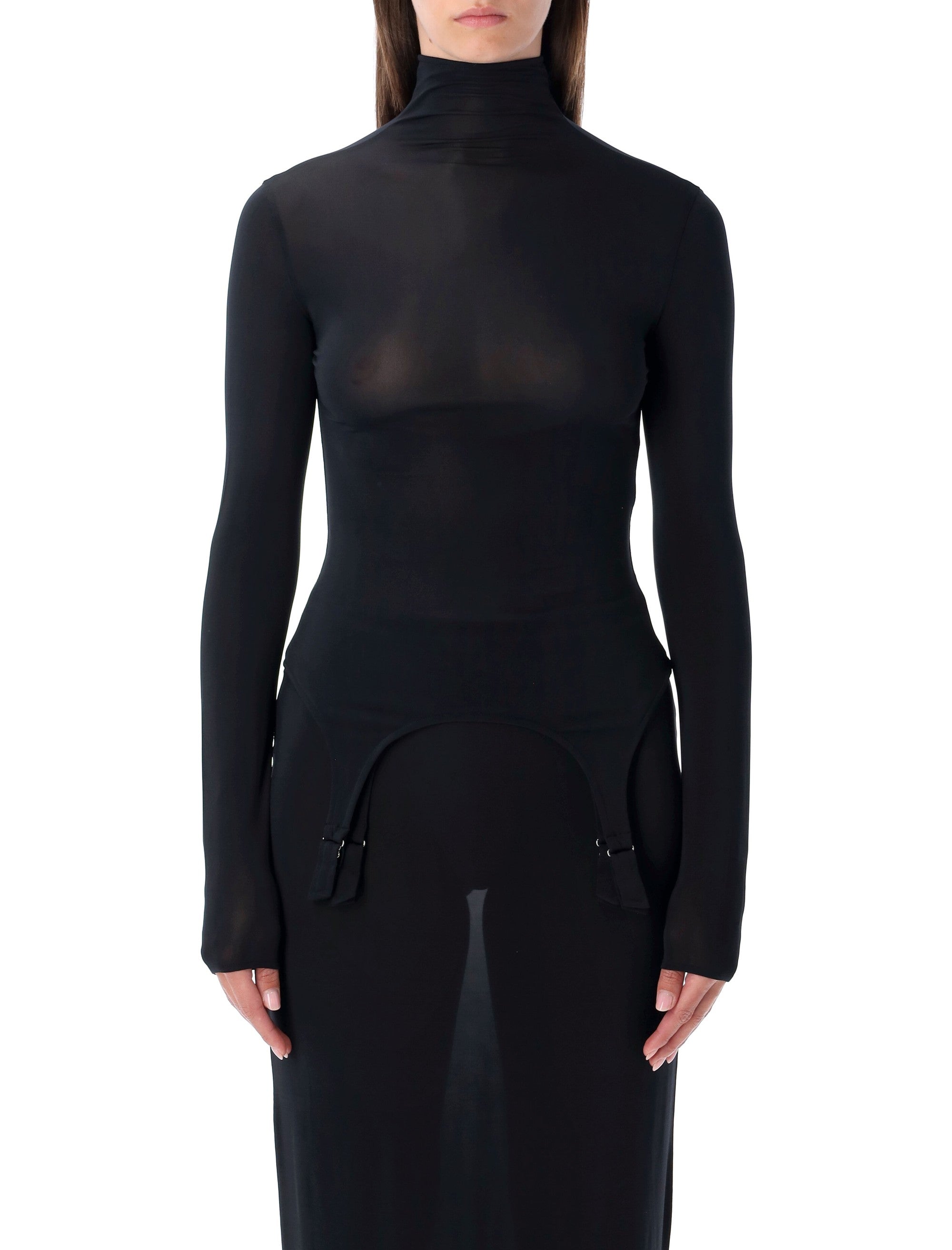 Jean Paul Gaultier long-sleeve high-neck body with lingerie details Dark Navy Rayon Viscose Crepe Top