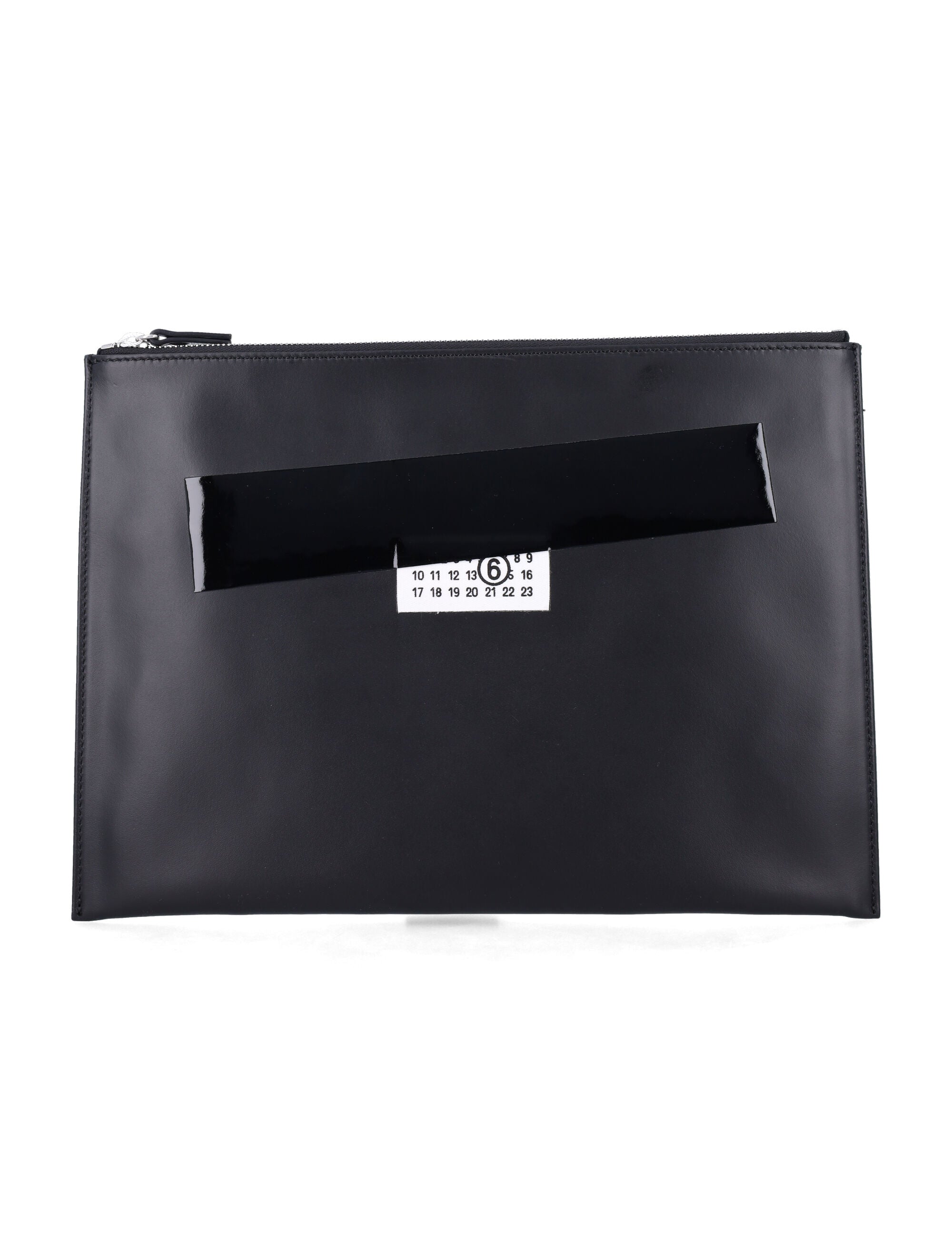 MM6 Maison Margiela black leather pouch with logo and tape detail Bovine