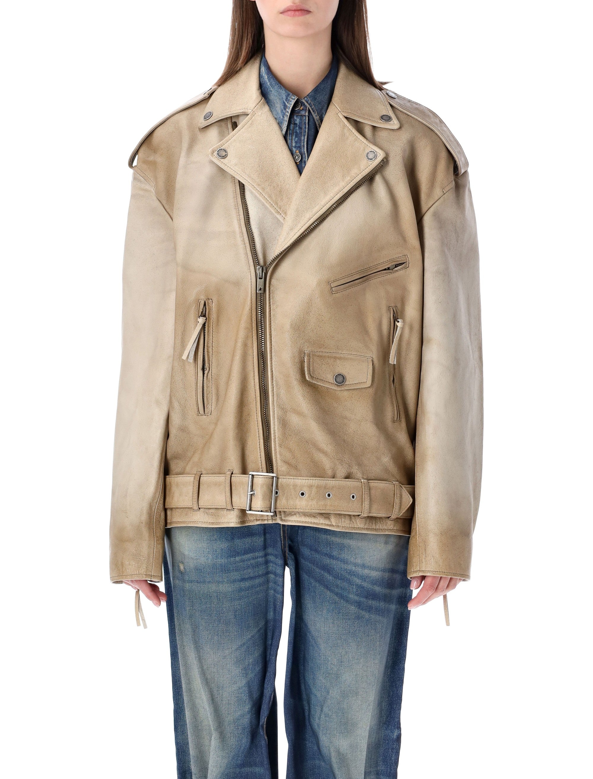 Golden Goose brushed leather biker jacket Blue Buffalo
