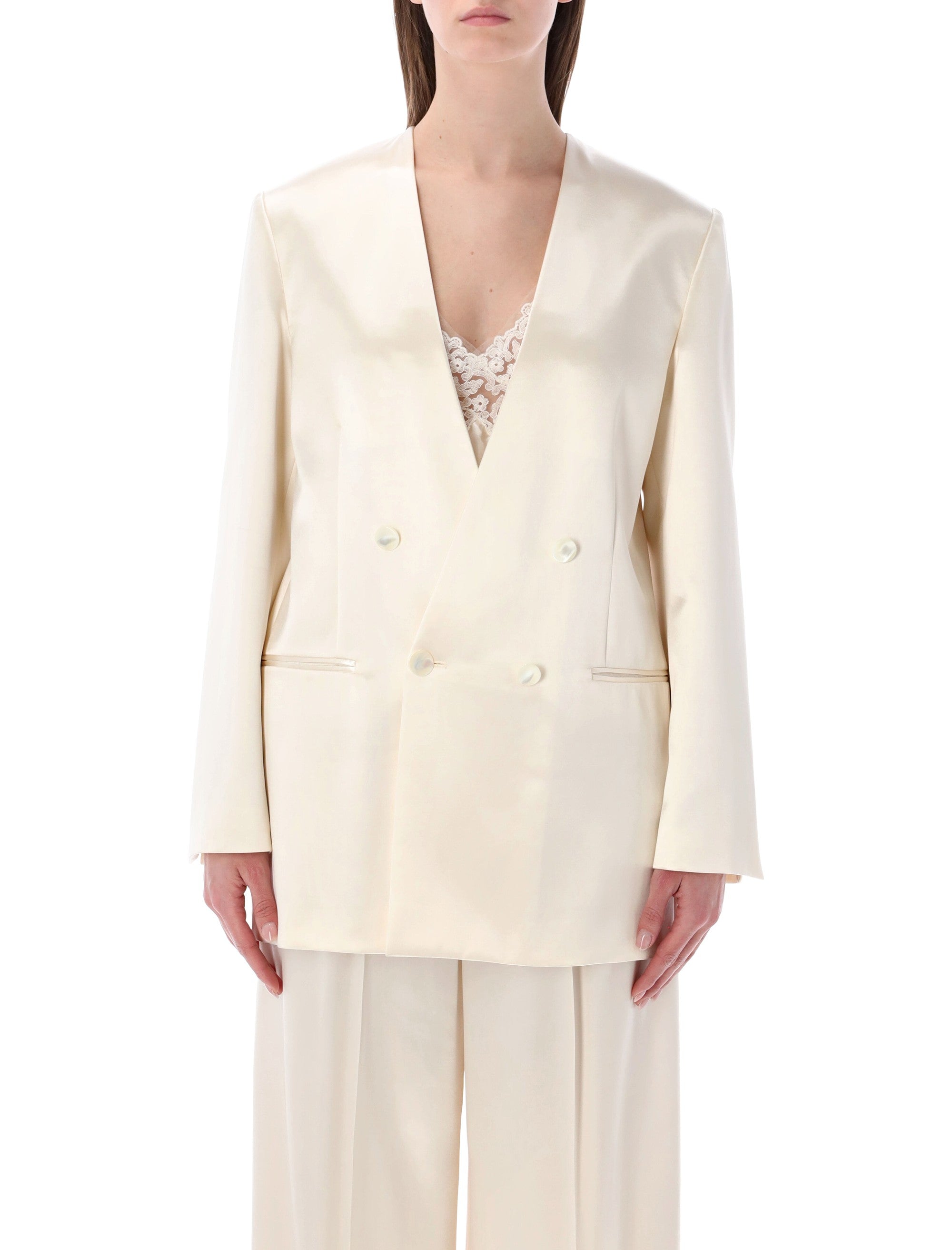 Alberta Ferretti double-breasted glossy satin jacket White Viscose Blazer