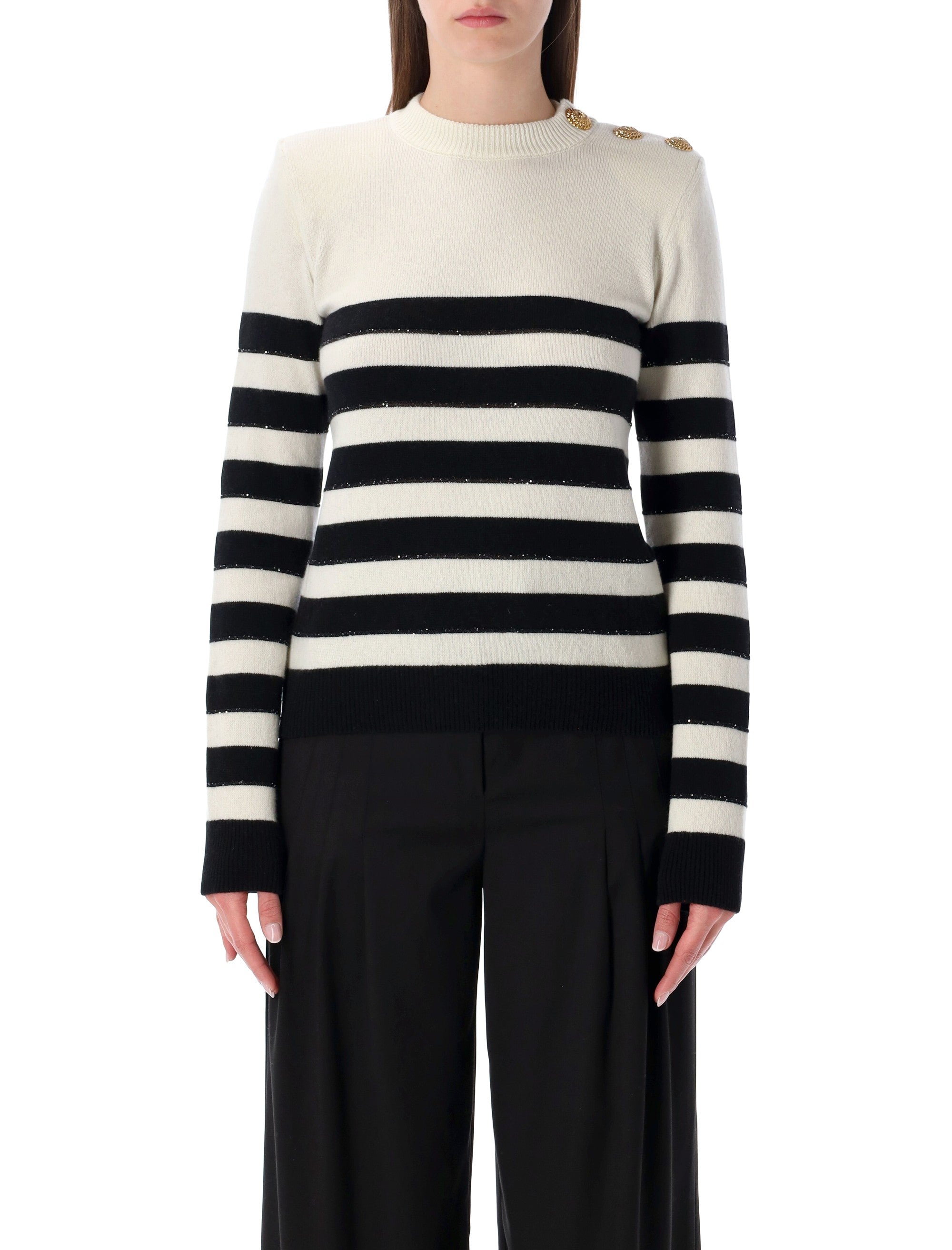 Balmain striped wool cashmere buttoned jumper Natural Black Sweater