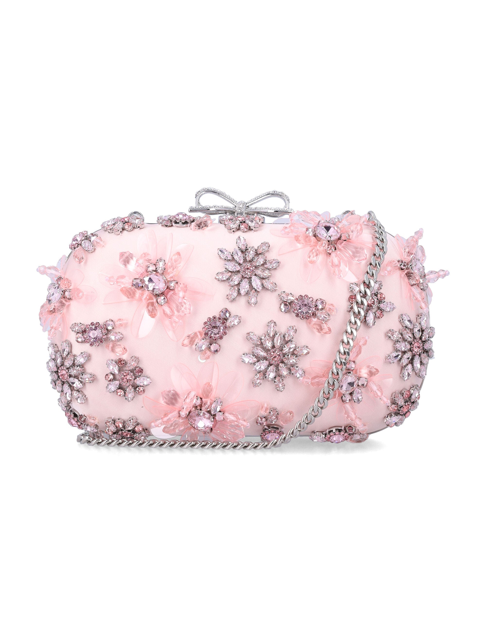 Self-Portrait pink Satin Floral Crystal clutch Polyester