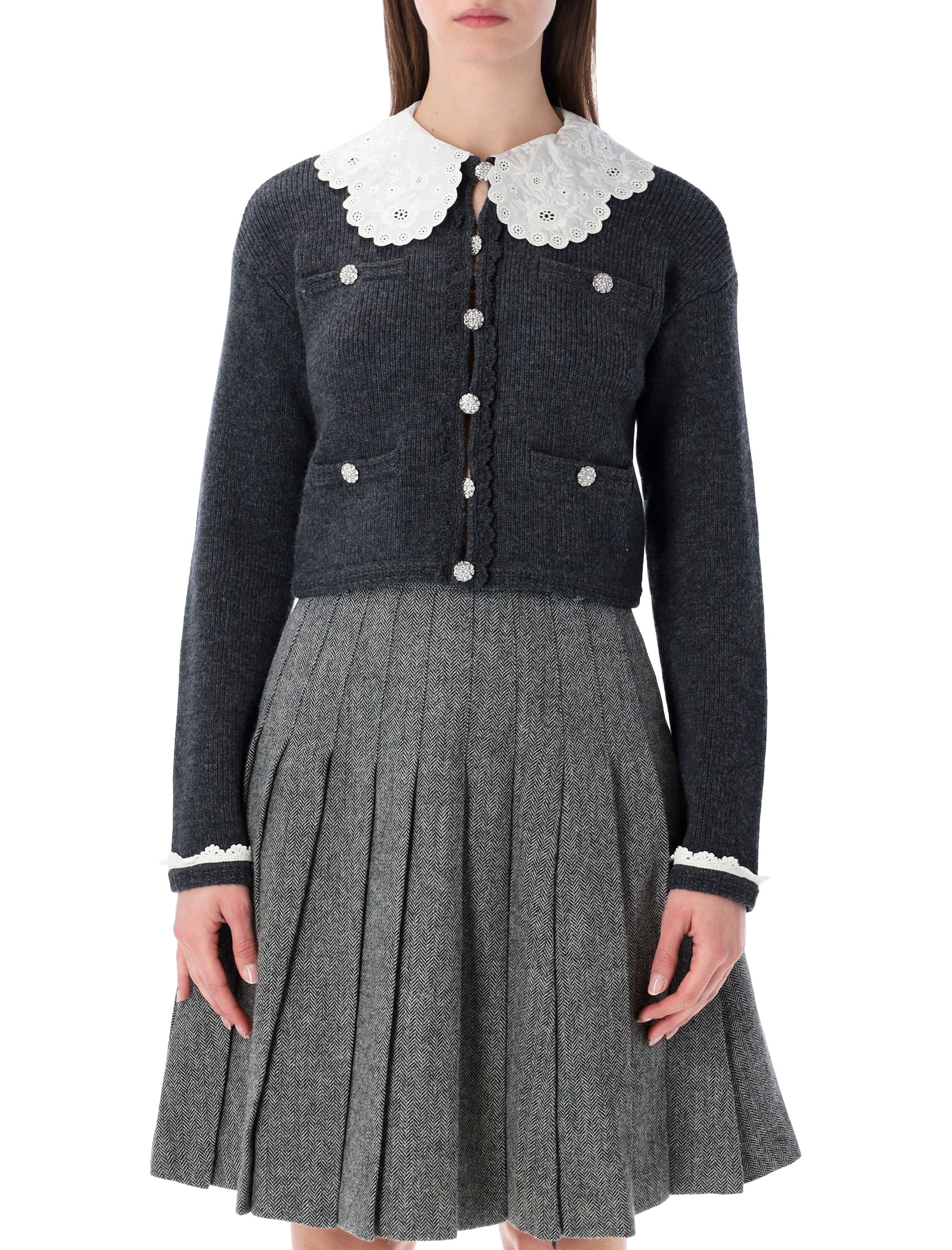 Self-Portrait charcoal knit lace collar cardigan Grey Wool