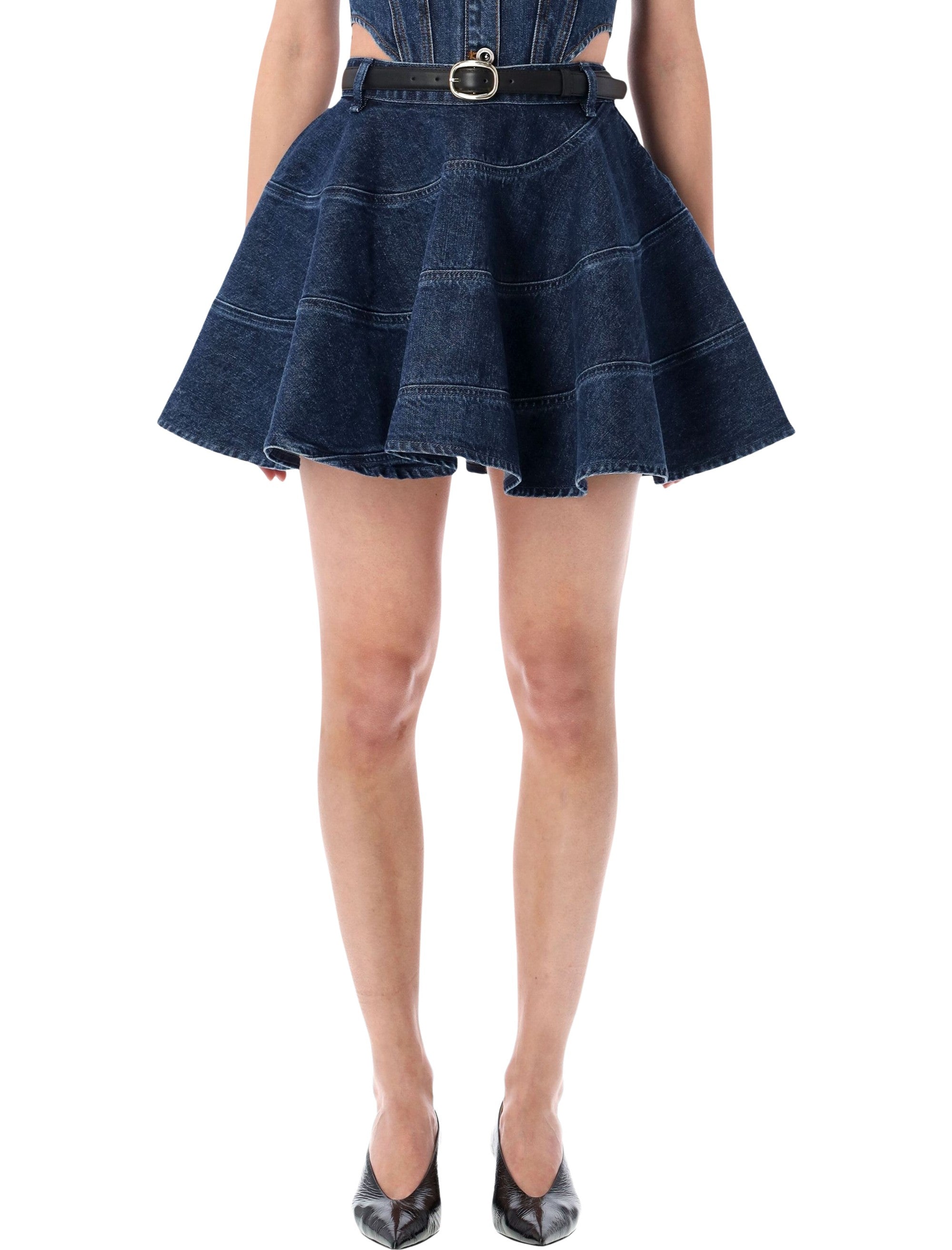 Self-Portrait flared blue denim mini skirt Cotton