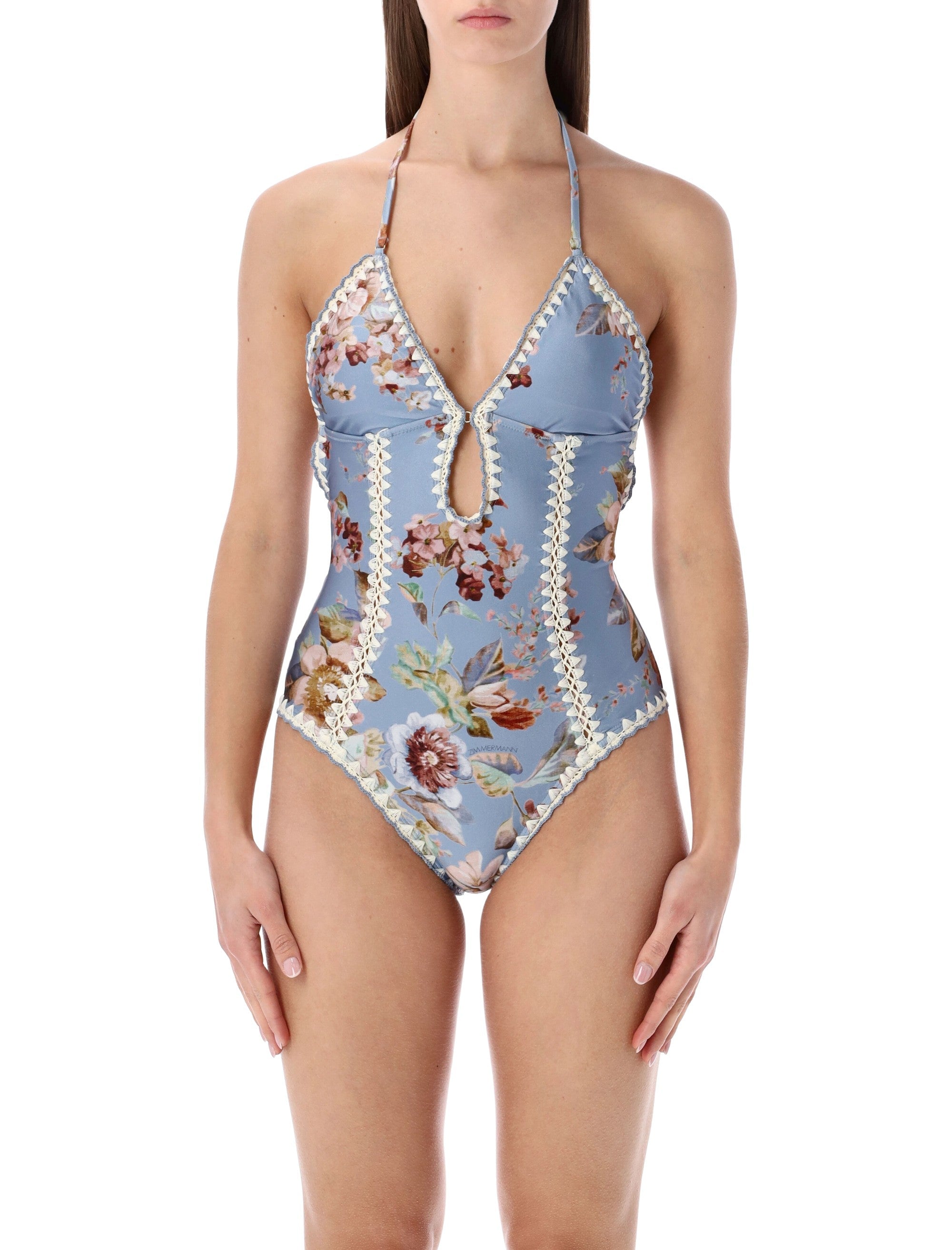 Zimmermann Chambray crochet one-piece swimsuit Blue Floral Polyamide Swimwear