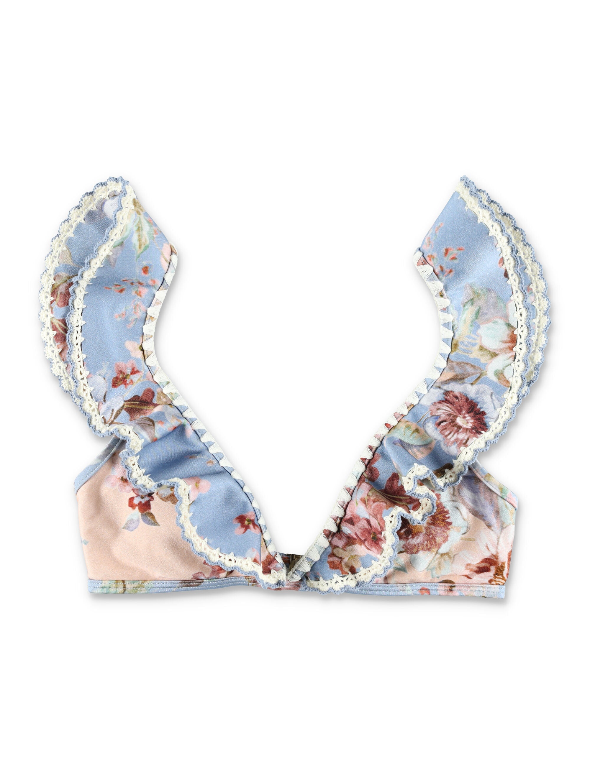 Zimmermann floral ruffled triangle bikini top Chambray Blue Polyamide