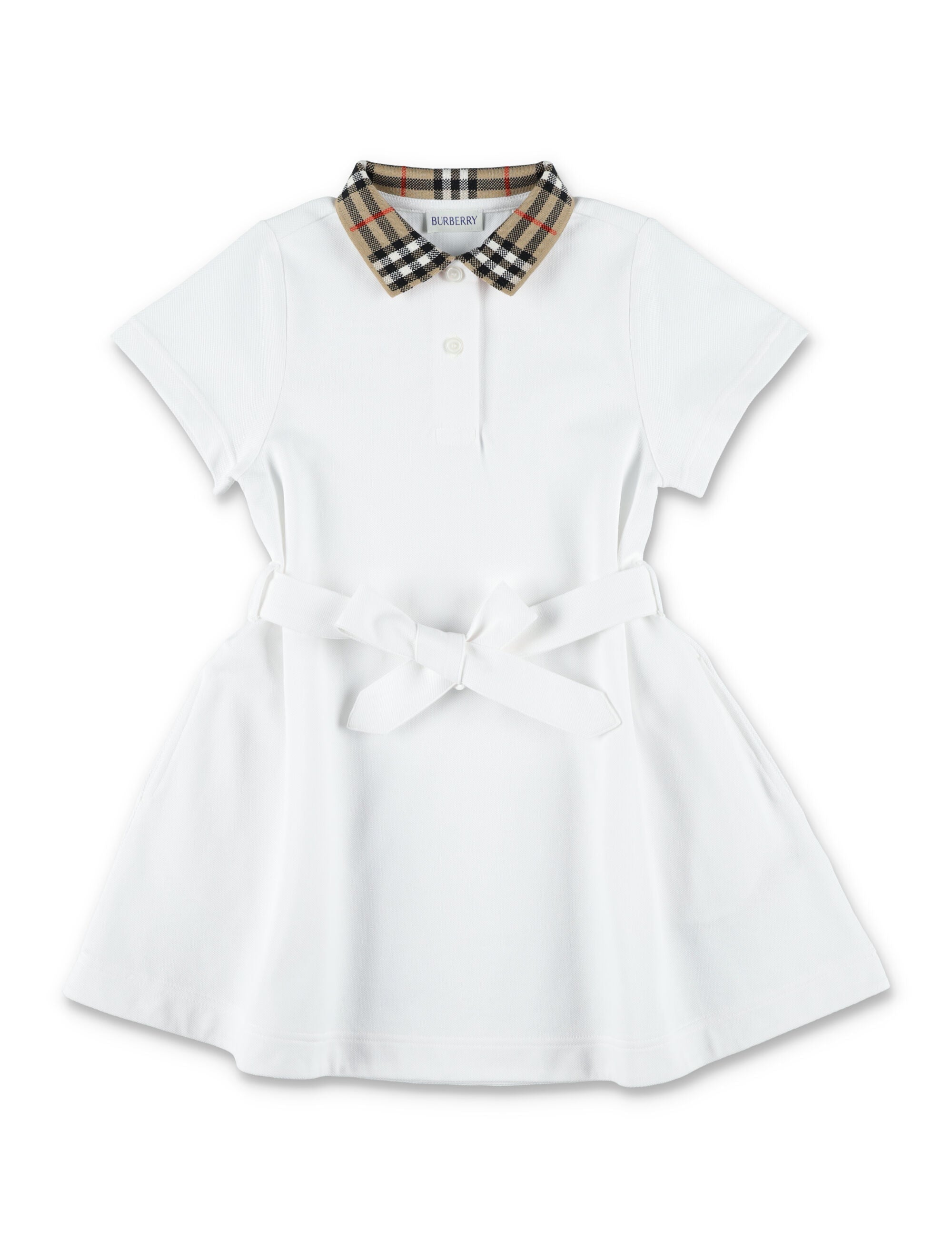 Burberry White Cotton Polo Dress With Collar Check For Girls