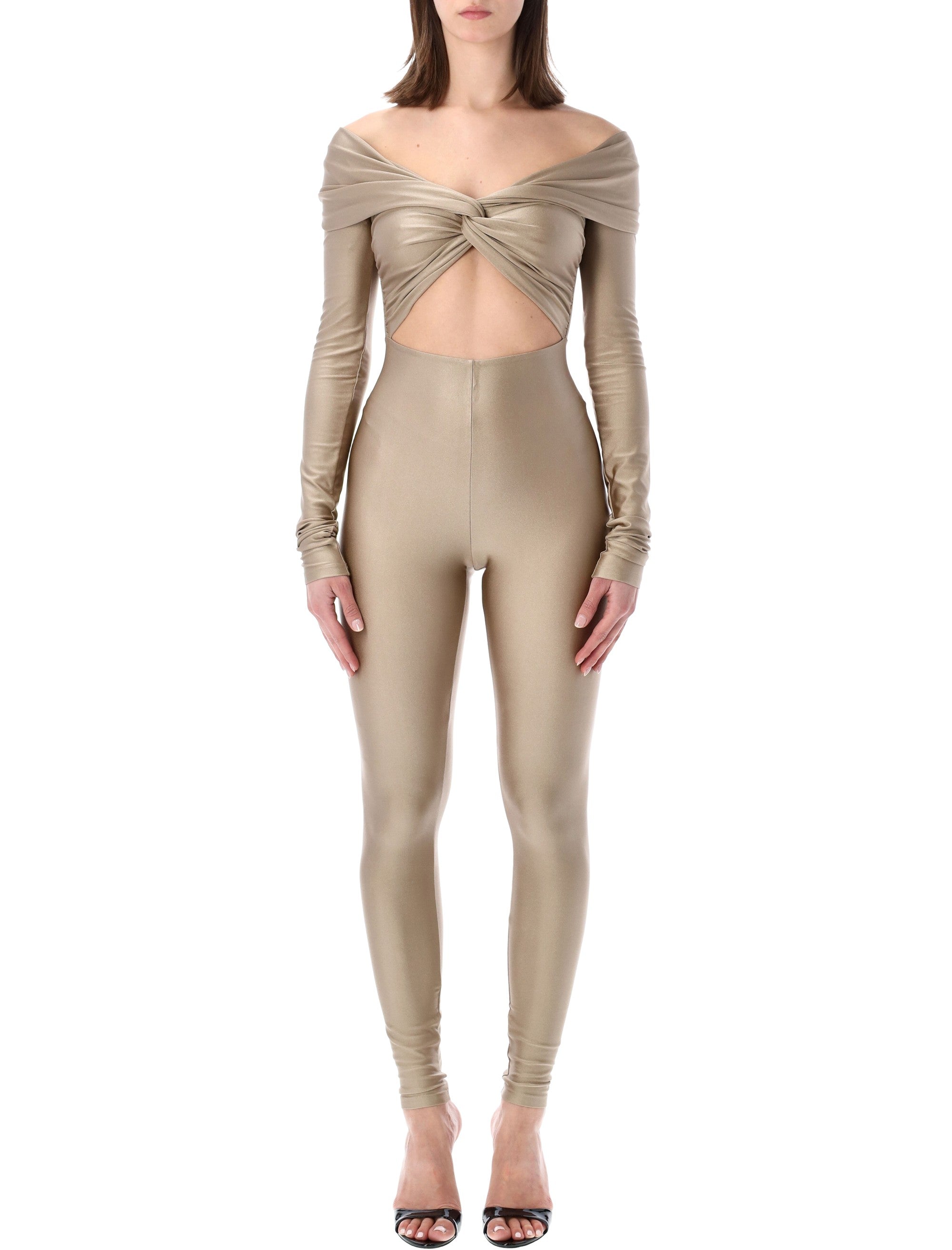 The Andamane stretch off-shoulder cut-out jumpsuit Light Greige Polyamide