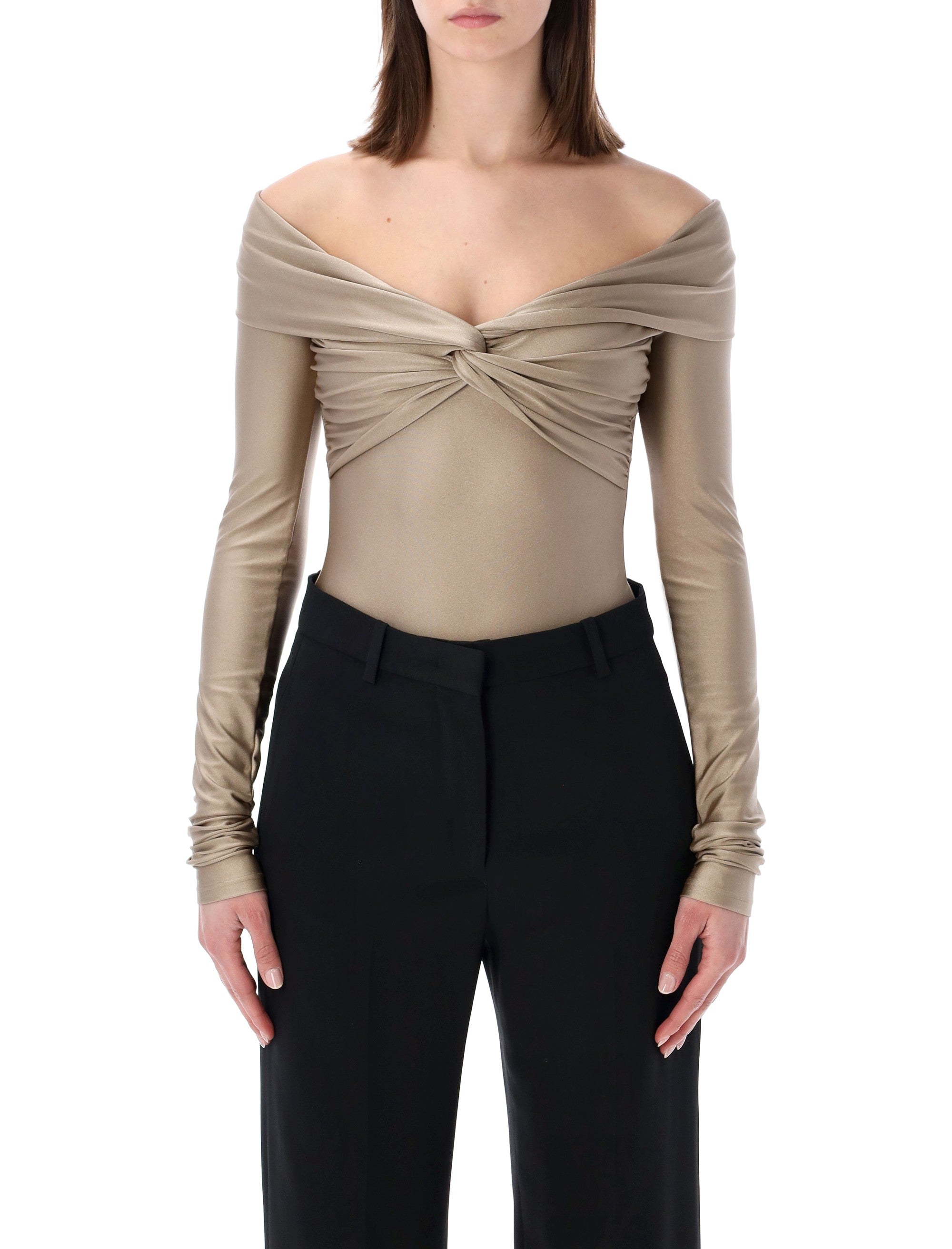 The Andamane stretch off-shoulder draped bodysuit Light Greige Polyamide