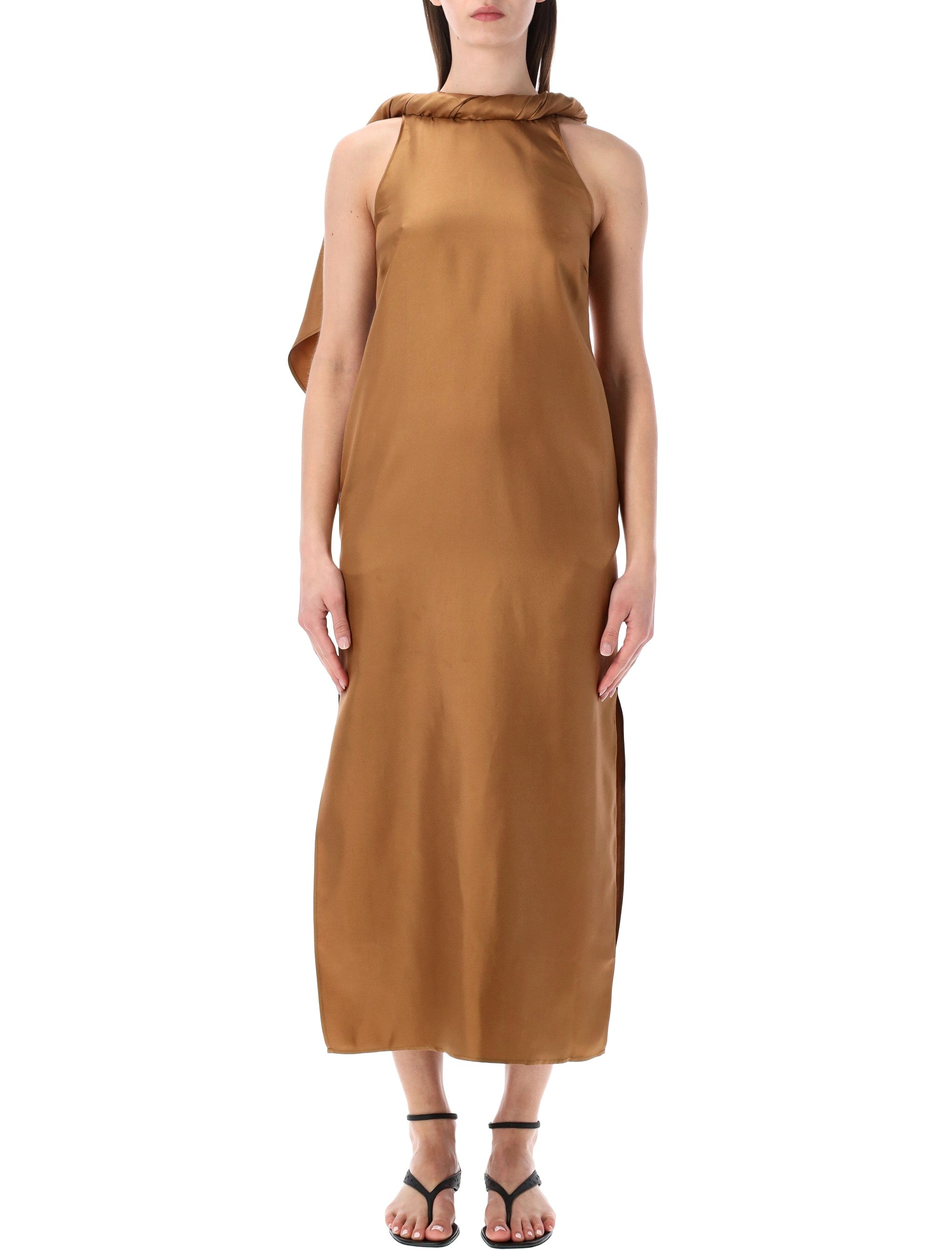 Loulou Susan silk twill twisted collar dress Macadamia