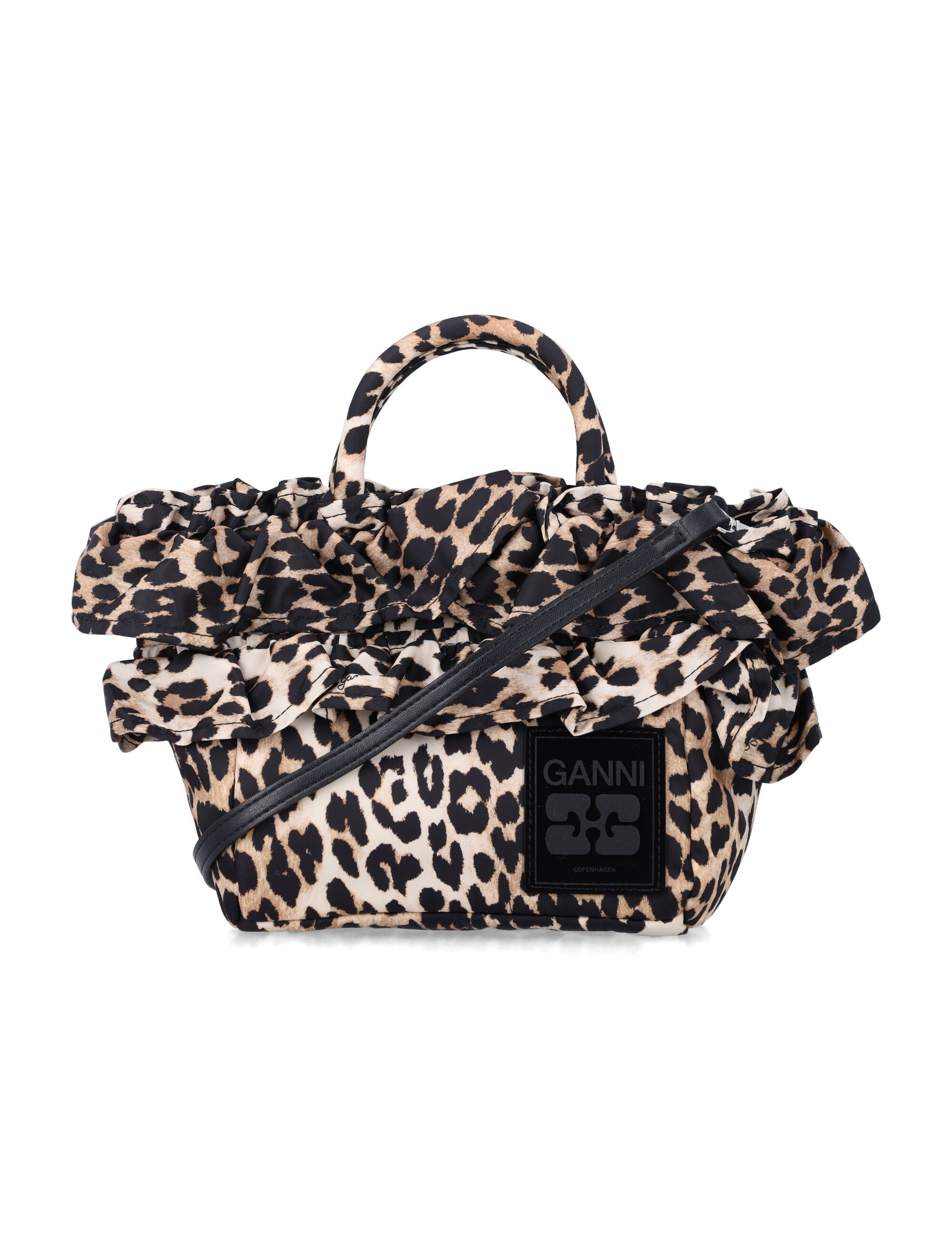Ganni Leopard Mini Ruffled shopper Leo Recycled Polyamide Shoulder Bag