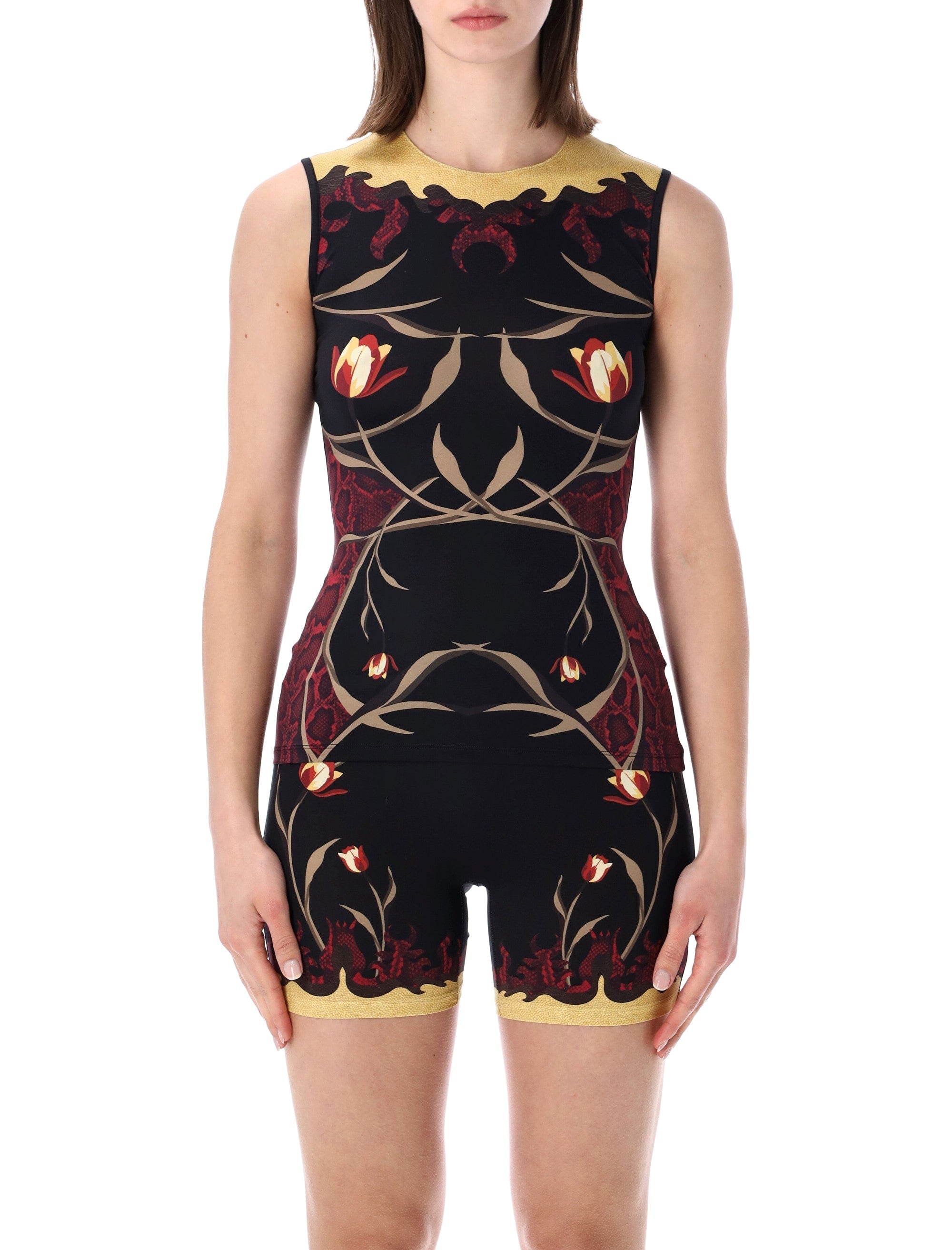 Marine Serre Floral Print Second Skin Top Black Red Polyamide