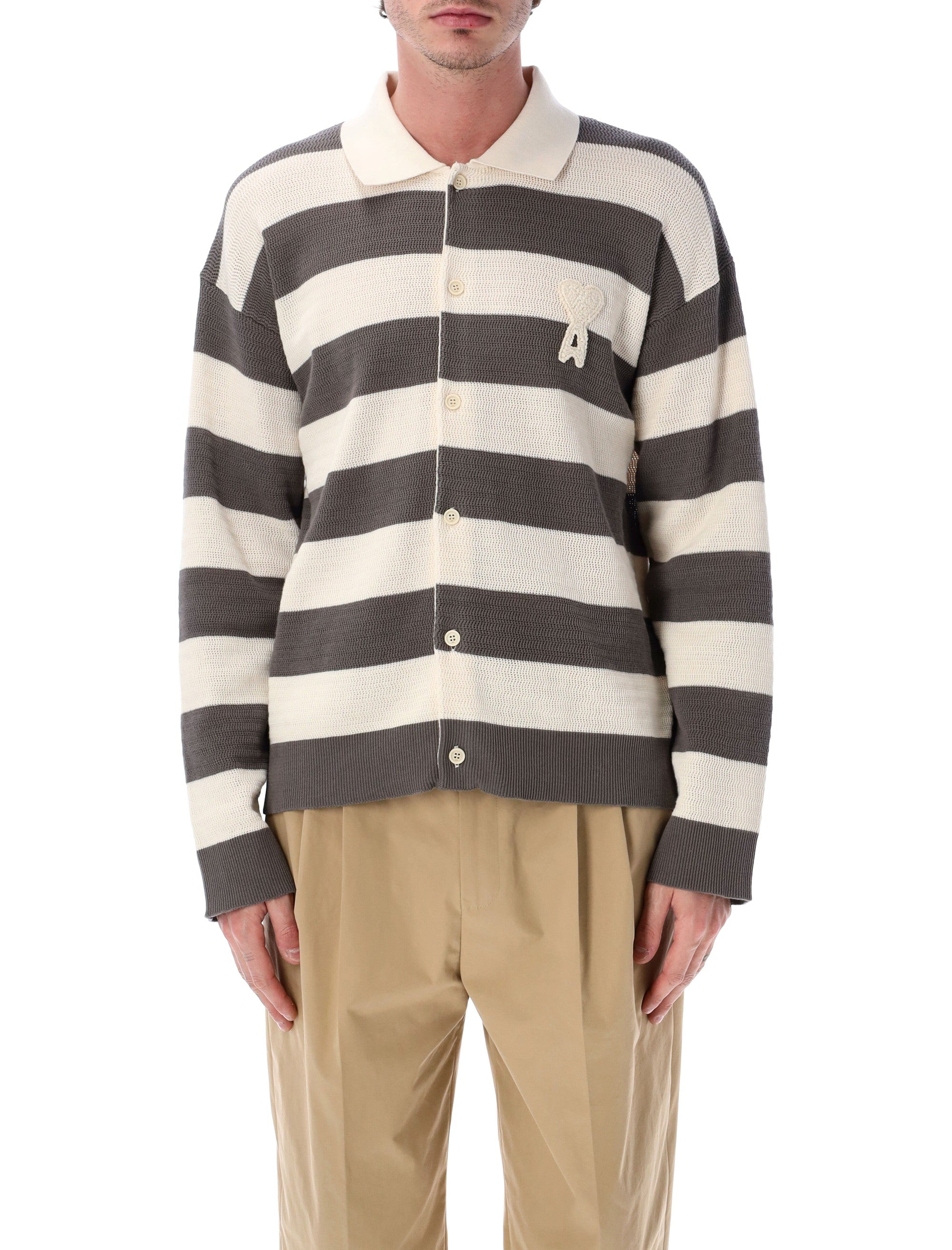 Ami Paris De Coeur Striped Cotton Cardigan White Grey