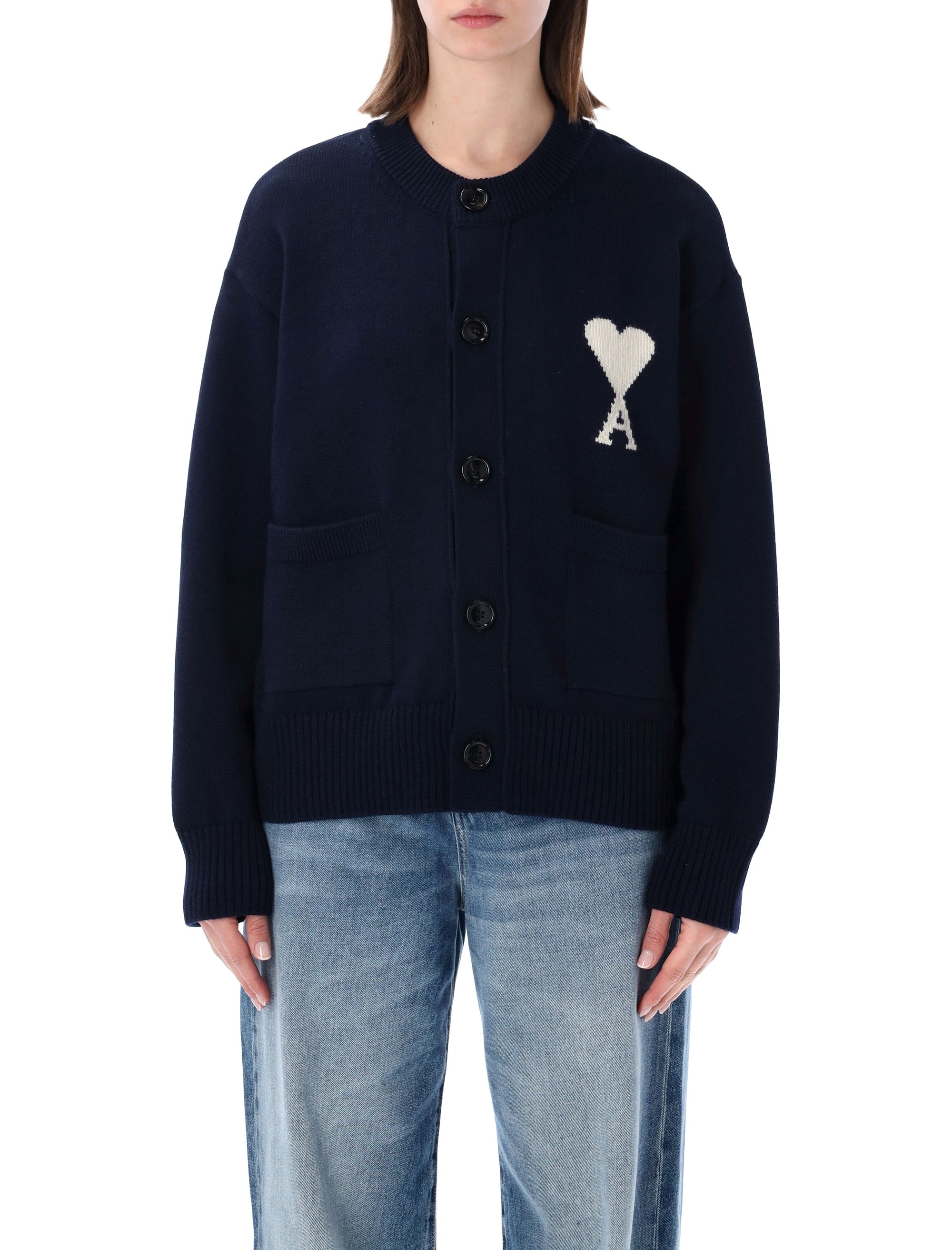Ami Paris De Cœur Knit Cardigan Navy Wool